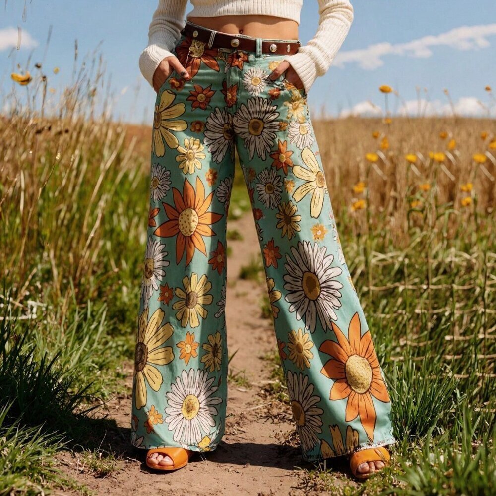 Green Casual Women's Floral High Waist Jeans - Picture 3 of 5
